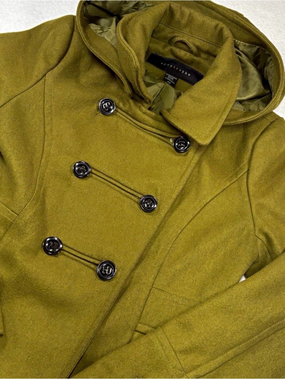 Apostrophe Olive Green Double-Breasted Pea Coat with Hood